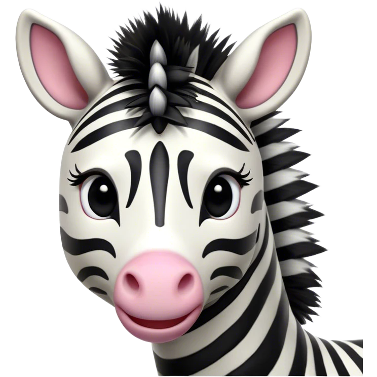 Cinematic Comical Zebra Portrait Emoji, Head tilted dramatically with an exaggeratedly amused expression, featuring a striking, glossy striped fur with bold contrasts, a refined, equine head with a long snout and alert ears, and wide, expressive eyes filled with playful disbelief, Simplified yet hilariously expressive features, highly detailed, glowing with a slightly sassy glow, high shine, dramatic yet playful, stylized with an air of cheeky savannah mischief, bright and endearing, soft glowing outline, capturing the essence of a spirited and over-the-top zebra that feels like it could prance its way into internet fame instantly! emoji