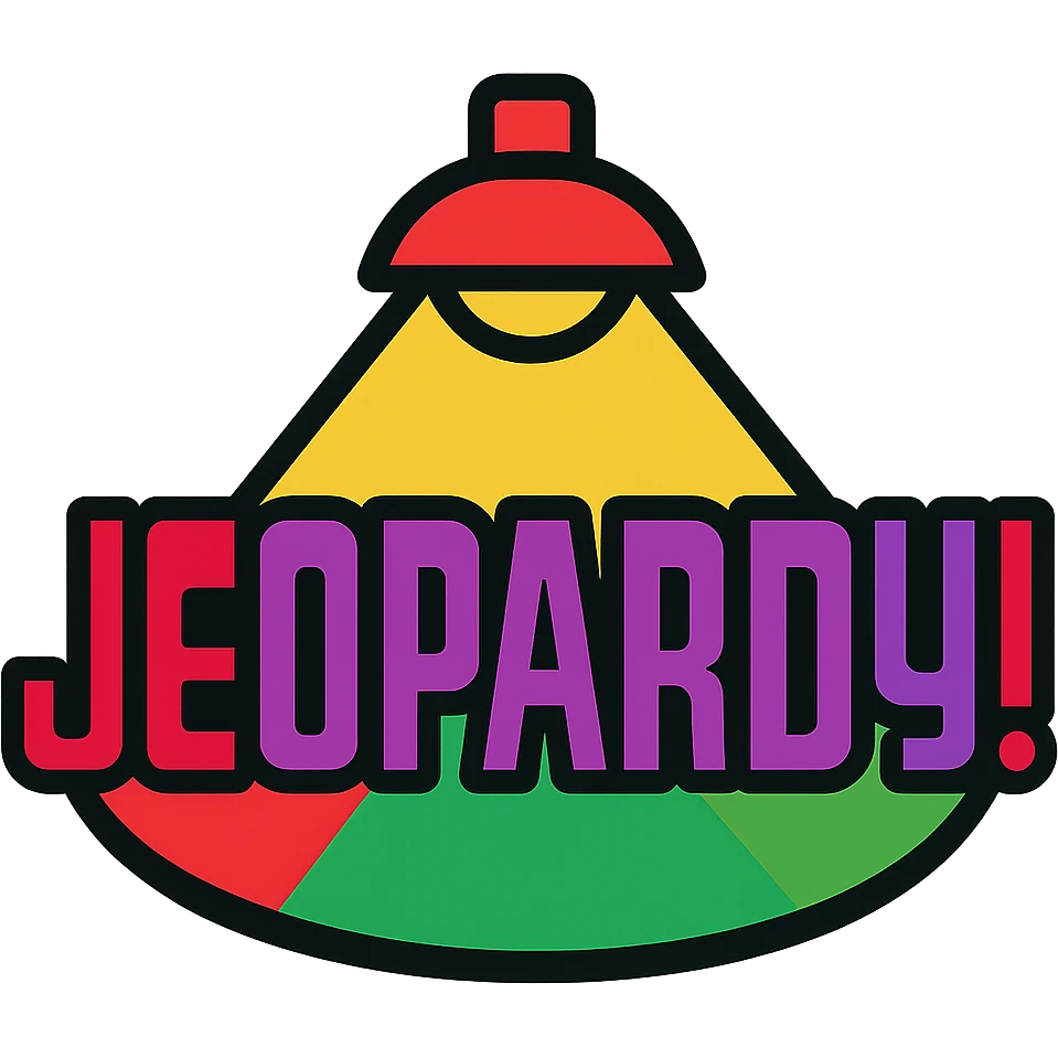 Add more colors to the Jeopardy logo icon, including red, green, and purple accents, while keeping the blue and gold base. Modern icon style with lineal color and black outlines. emoji