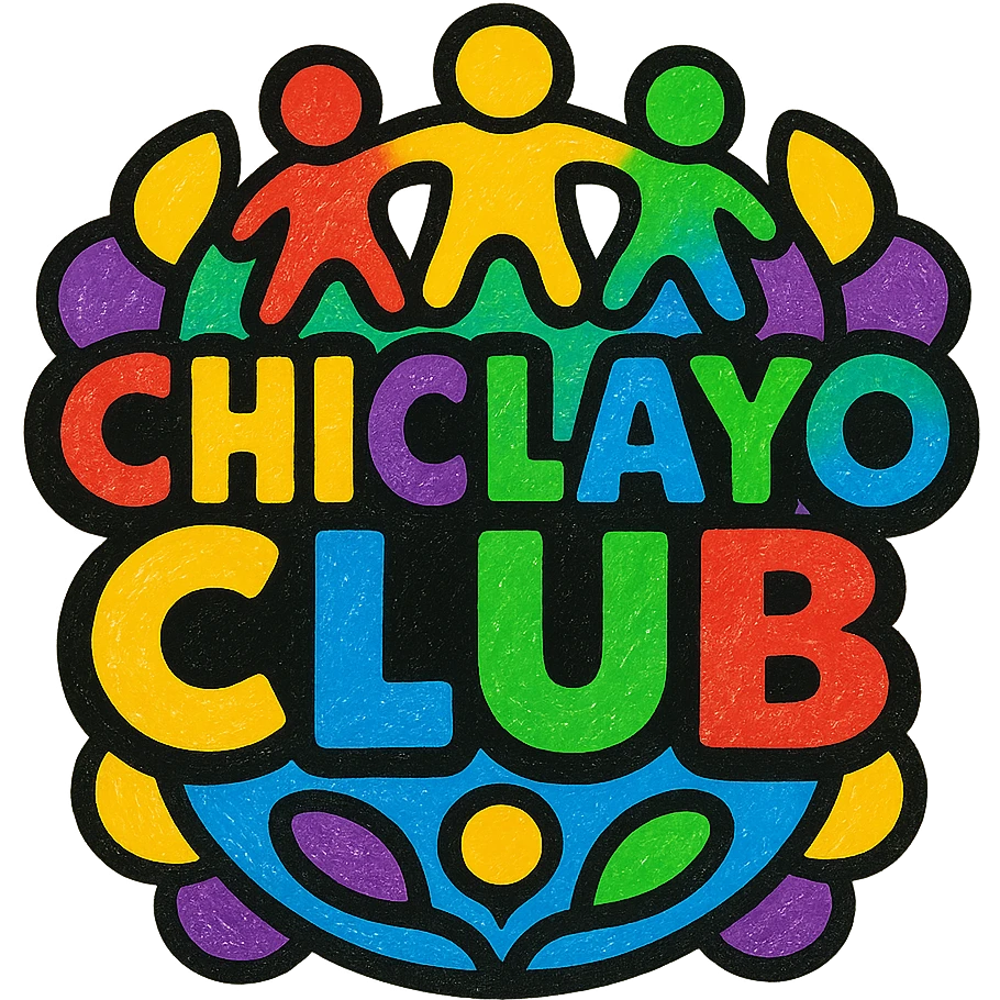 festive logo for 'Chiclayo Club' inspired by Peruvian culture, bright colors red yellow green blue purple, symbols of togetherness like people holding hands or abstract shapes forming a circle, prominent joyful text 'Chiclayo Club' emoji