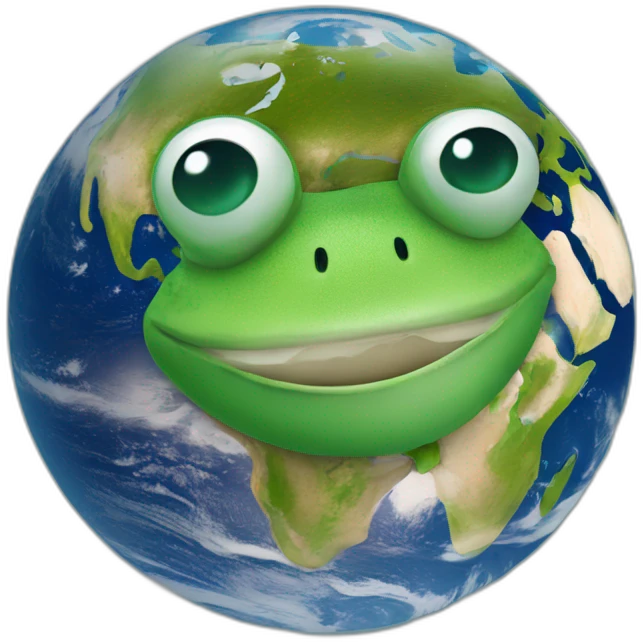 planet Earth with a cartoon smiling frog face with smiling eyes emoji