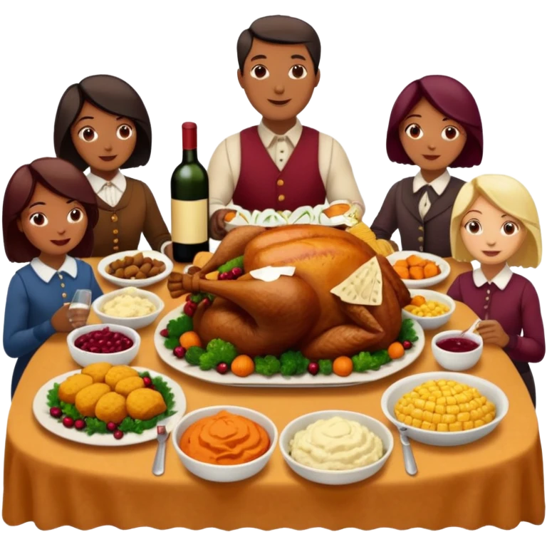 Thanksgiving Dinner with 10 people of different skin color around the table; have the food be a cooked turkey, mashed potatoes, corn, a basket of biscuits, a small bowl of cranberry sauce, baked yams, steamed vegetables, and a bottle of wine. emoji