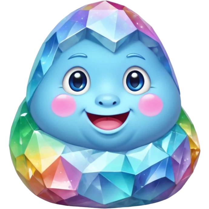 A single pastel rainbow crystal baby rock character, chubby and heavy with a chunky, irregular polygon shape, not egg-shaped, covered in faceted crystal planes and small chips, soft blue face carved into the rock, big glossy rainbow eyes and a small smiling mout emoji