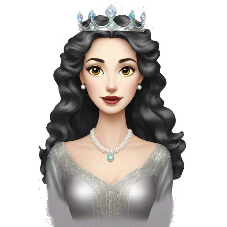 Regal pretty slender middle age woman photograph defined cheekbones high cheekbones crown vintage with very long iridescent black and silver hair wavy long hair pearl crown iridescent emoji