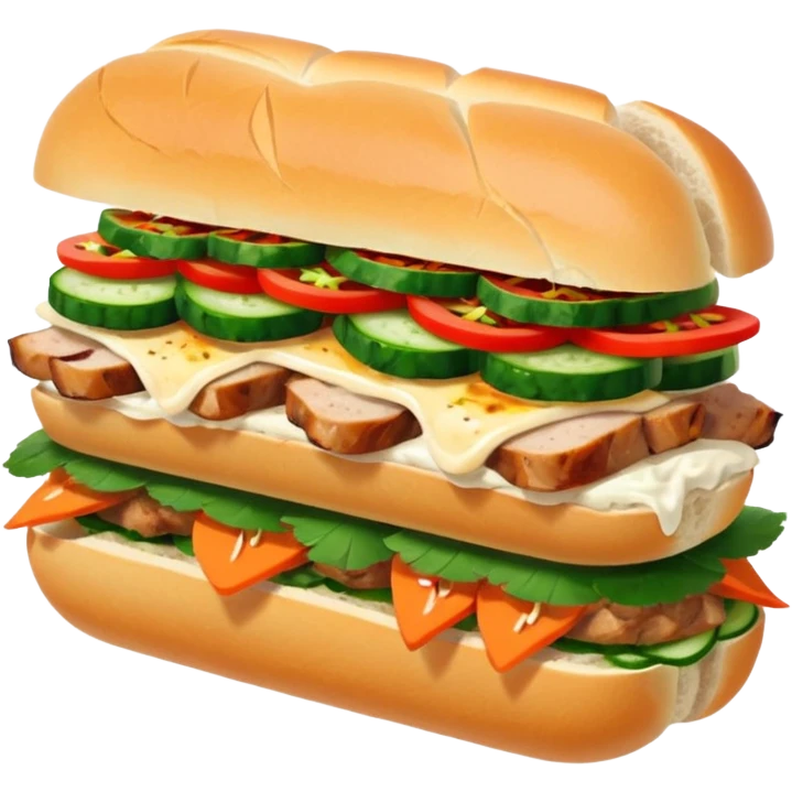 make it cute, chibitraditional banh mi with char grilled pork


    Very crusty baguette

    Mayo 

    Pickled carrot 

    Cucumber, coriander/cilantro, green onion, chilli 
 emoji