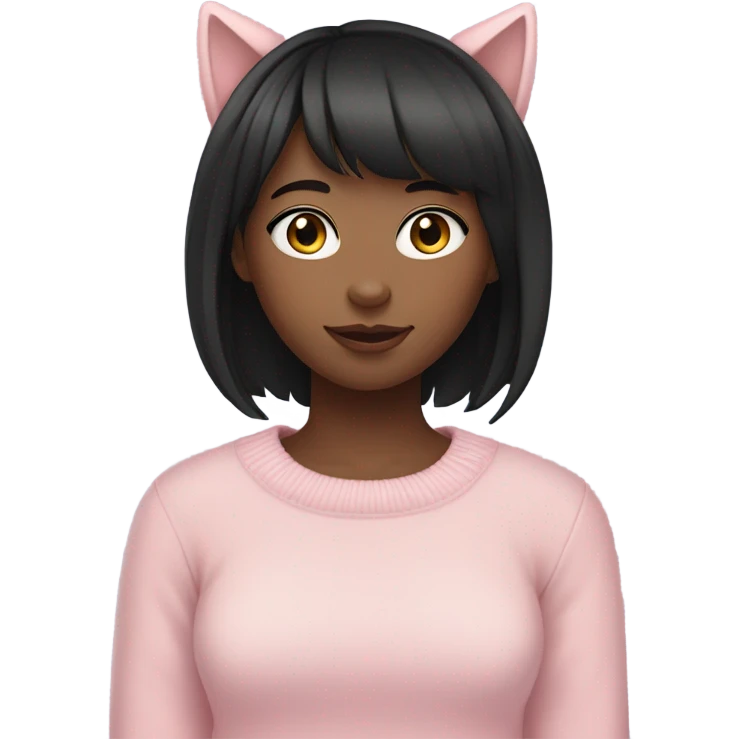 girl fair skin, black hair and bangs, cat ears and sweater pink soft  emoji