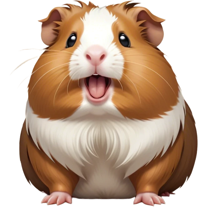 Cinematic Cute Yawning Brown and White Banded Guinea Pig Portrait Emoji, Head tilted slightly with a dramatic, wide-open yawn, revealing a soft, banded fur of brown and white with tiny, droopy ears, round dark eyes barely open in drowsy contentment, Simplified yet irresistibly adorable features, highly detailed, glowing with a soft, cozy glow, high shine, relaxed yet expressive, stylized with a touch of whimsy, bright and endearing, soft glowing outline, capturing the essence of a sleepy yet affectionate guinea pig, so drowsy it feels like it could stretch out of the screen and curl up for a nap! emoji
