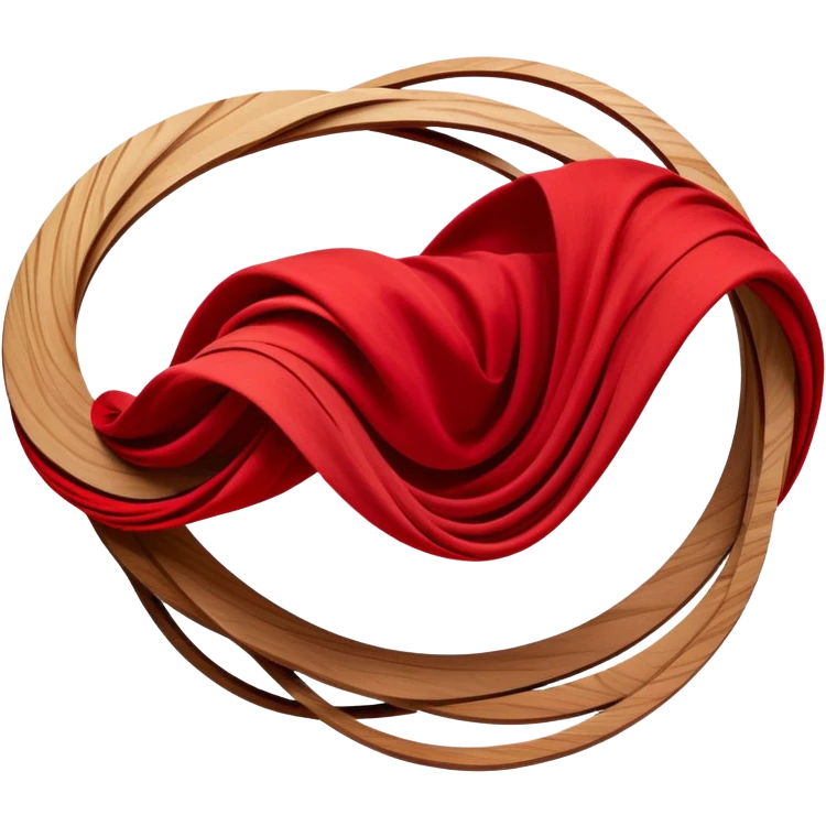 Floating abstract layers of wood, red fabric, and sketched lines suspended in motion, gently orbiting a glowing red core of creative intent. emoji