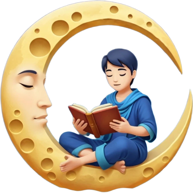 human mystic character reading alchemy book under giant floating moon emoji