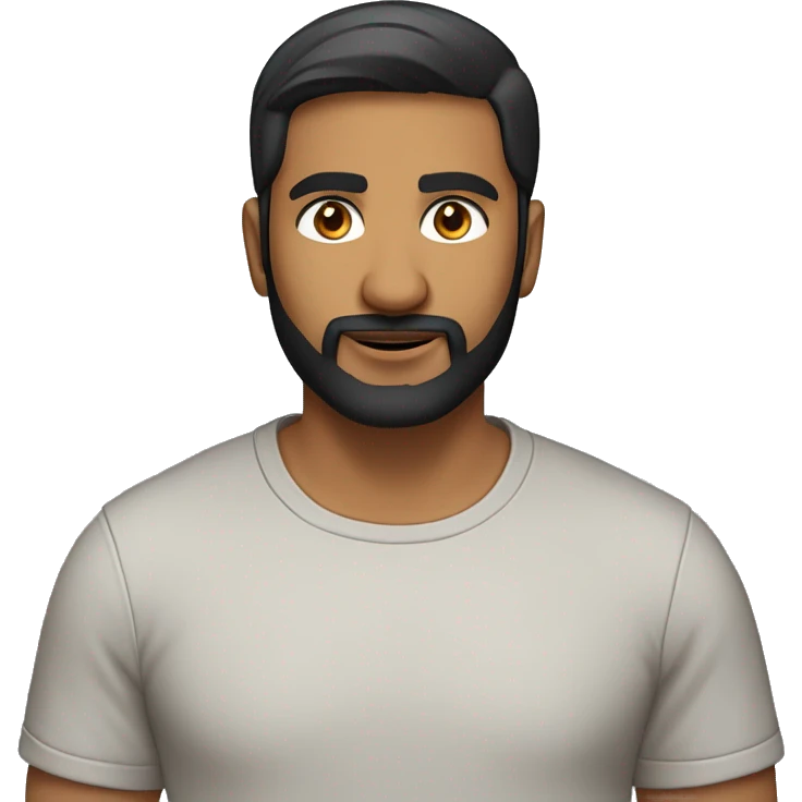 A head and shoulders shot of a 36 year old Indian man, with short black hair, with beard facial hair,   with brown eyes wearing a t-shirt. emoji