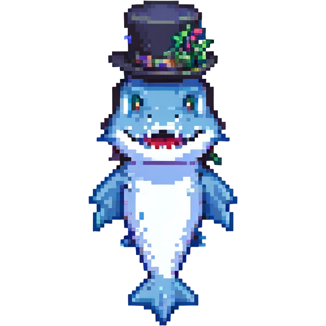 pixel art style shark with a black tophat emoji