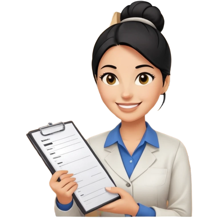 A smiling female middle-aged warehouse manager with black eyes and half up bun black hair, holding an inventory list，without background emoji