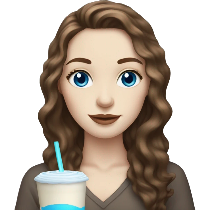 Pale skin women with brown wavy hair and blue eyes drinking ice latte  emoji