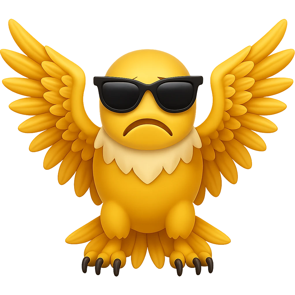 Make the yellow eagle with sunglasses and wings spread look sad in the style of emoji style (apple style emojis). emoji