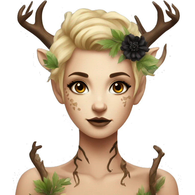Forest Faun with deer horns and black flower tattoos, female, beautiful, desirable, blonde emoji