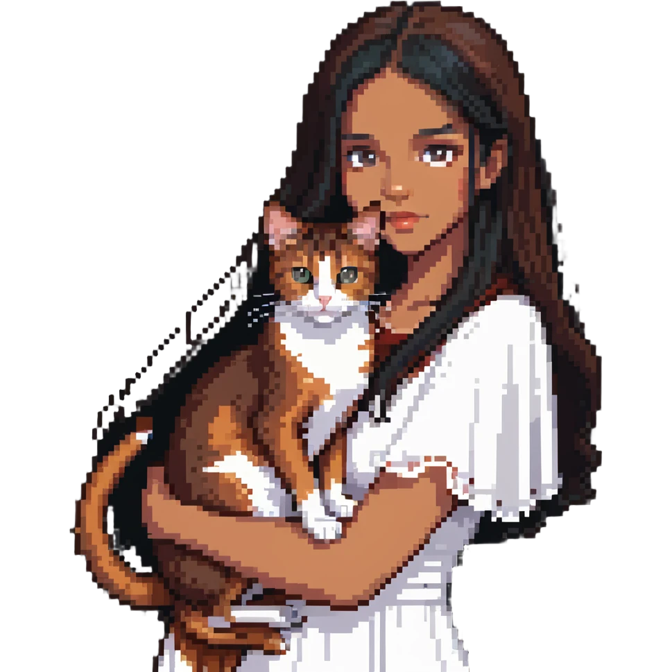 beautiful girl with long black hair wearing a white dress holding an Abyssinian cat with reddish-brown fur in her arms, close-up emoji