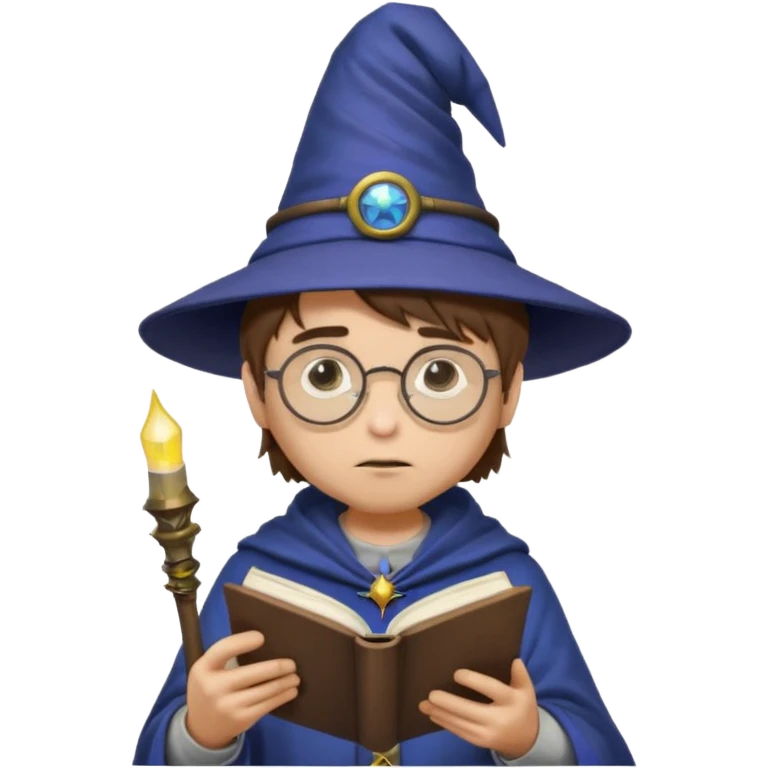 ["A sad boy with light skin, straight hair, wearing a wizard hat and round glasses, dressed in punk fashion, is reading a book while holding a phone."] emoji