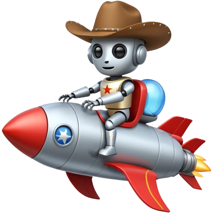 robot wearing a cowboy hat riding a rocket emoji