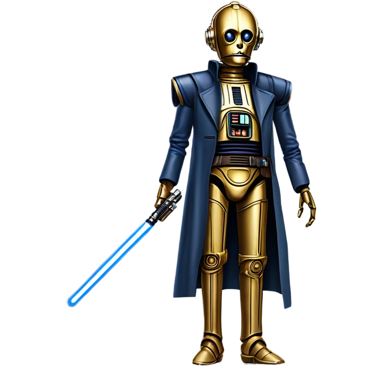 tarnished undercover tough well-equipped Jedi  life-sized darkblue-pearl C3po as a friendly droid wearing a leather clothing old west duster coat holding light saber sheriff emoji