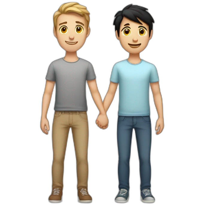 young skinny Caucasian brunnet man holding hands with one young Caucasian black haired man emoji