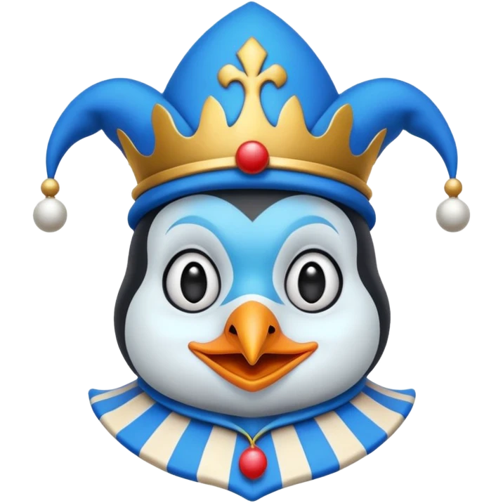 crazy colorful little penguin jolly joker, medieval, vintage, court jester, mac os icon, blue color emoji