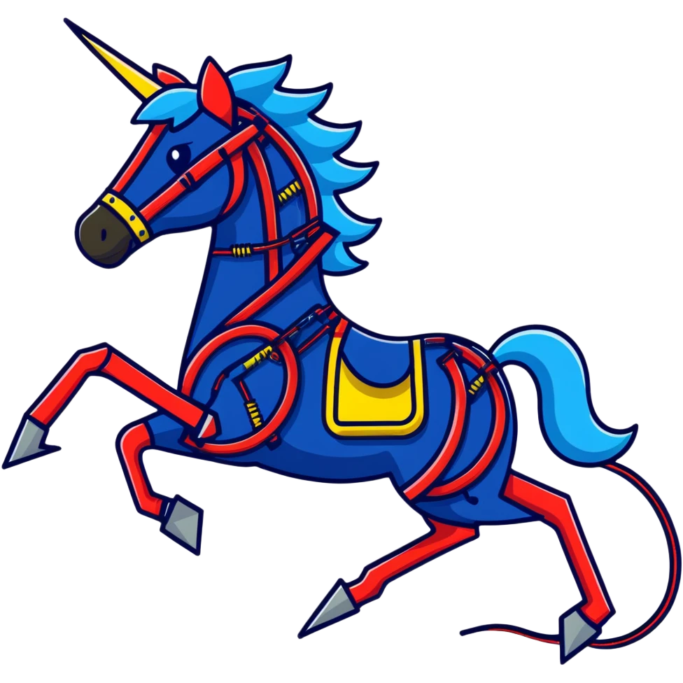 Fast running electric horse made of electricity, metal plates, bolts, visible blue and red wires, with lightning surrounding it emoji