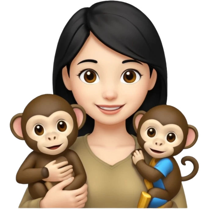 smiling girl with black hair and monkey on her shoulder  emoji