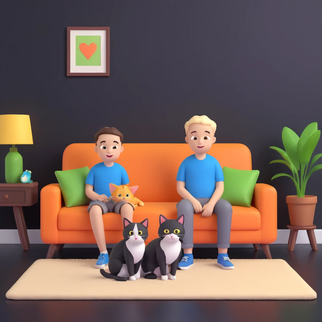 boy and cat pet, living room background emoji