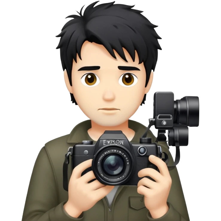 a man with black messy hair holding a camera emoji
