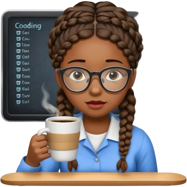 Make a black female software engineer with glasses  and braids coding, crying and drinking coffee emoji