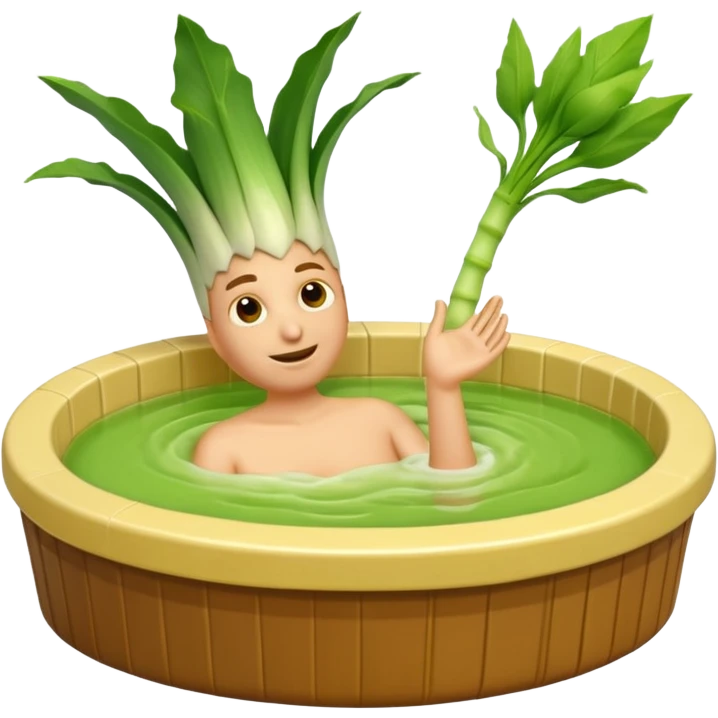 Create a 3D emoji of a relaxed leek in a jacuzzi filled with a slightly lumpy, yellowish-brown sauce emoji