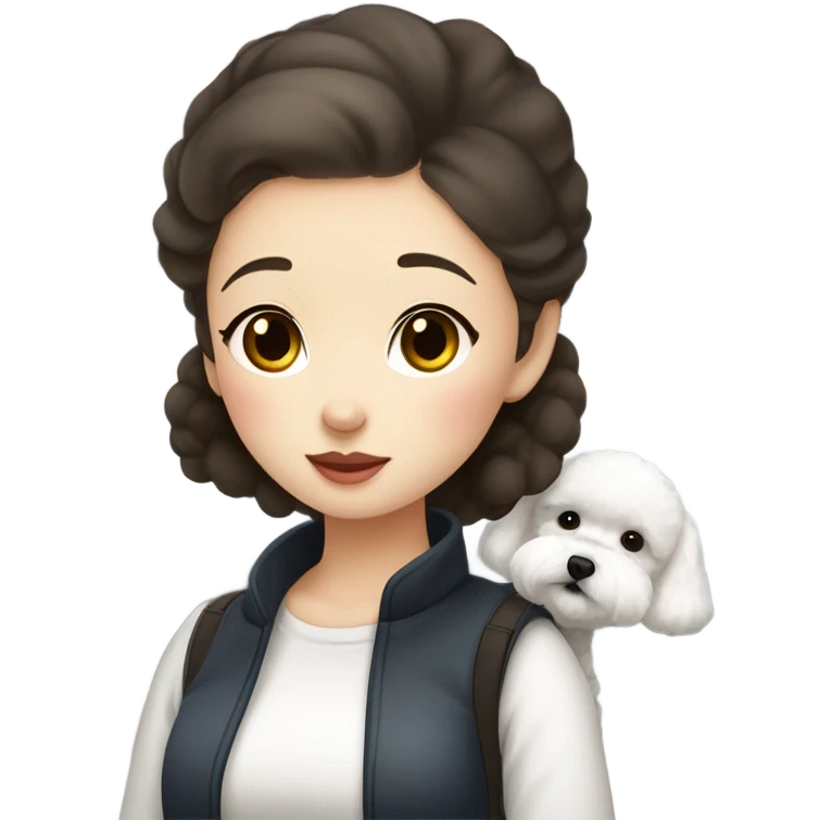 A cute korean style bichon frise with a dark-haired in a bun Asian woman at the airport  emoji