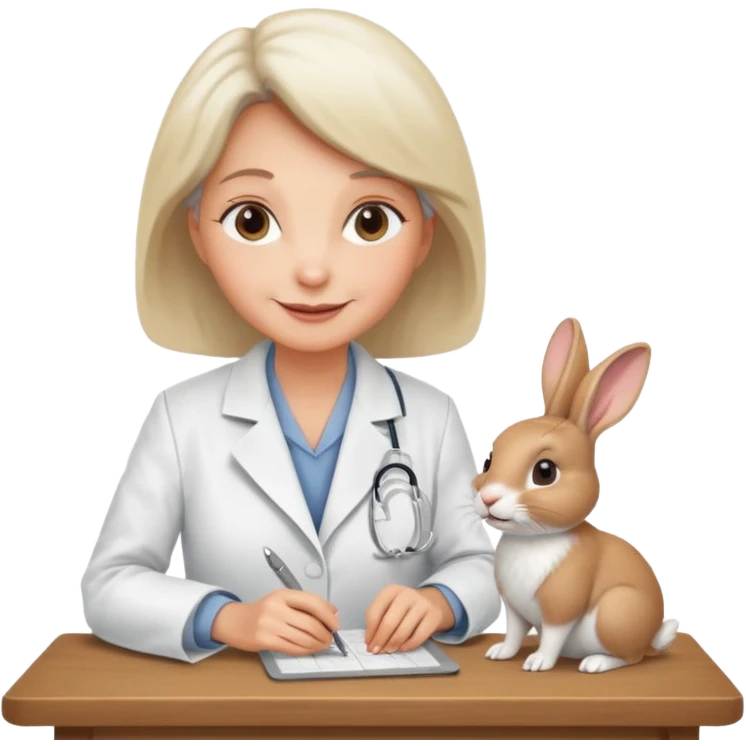 Older female vet – gentle smile, coat, checking rabbit on table. emoji