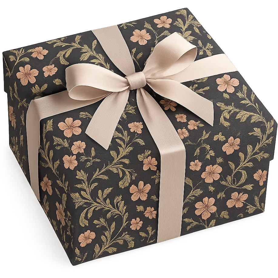 Elegant Rococo pale black pink ditsy floral gift box  , remove background emoji