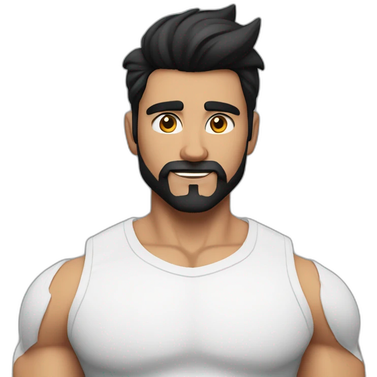close up of white skin indian in plain white shirt with sleeve up and quiff black hair style and beard and muscle body emoji