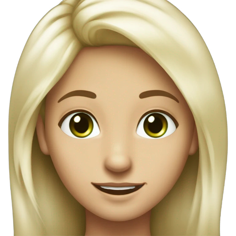 ragazza bionda con un bel viso e occhi verde scuro, capelli lunghi un po' mossi, un bel sorriso e lentiggini. ha un neo sul lato sinistro del mento emoji