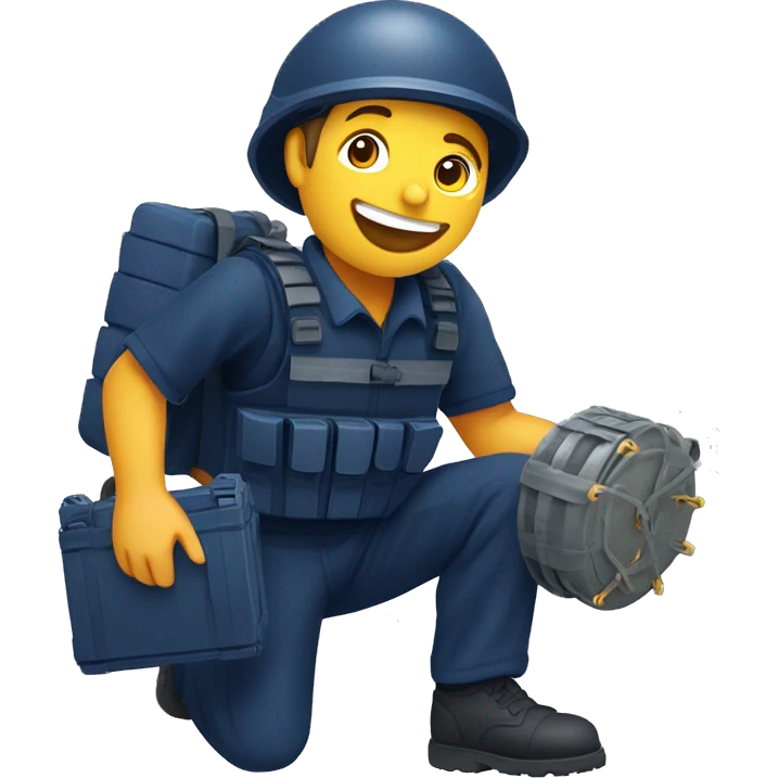 happy landmine clearance deminer holding landmine detector looking for bombs on the ground. navy blue outfit.   emoji