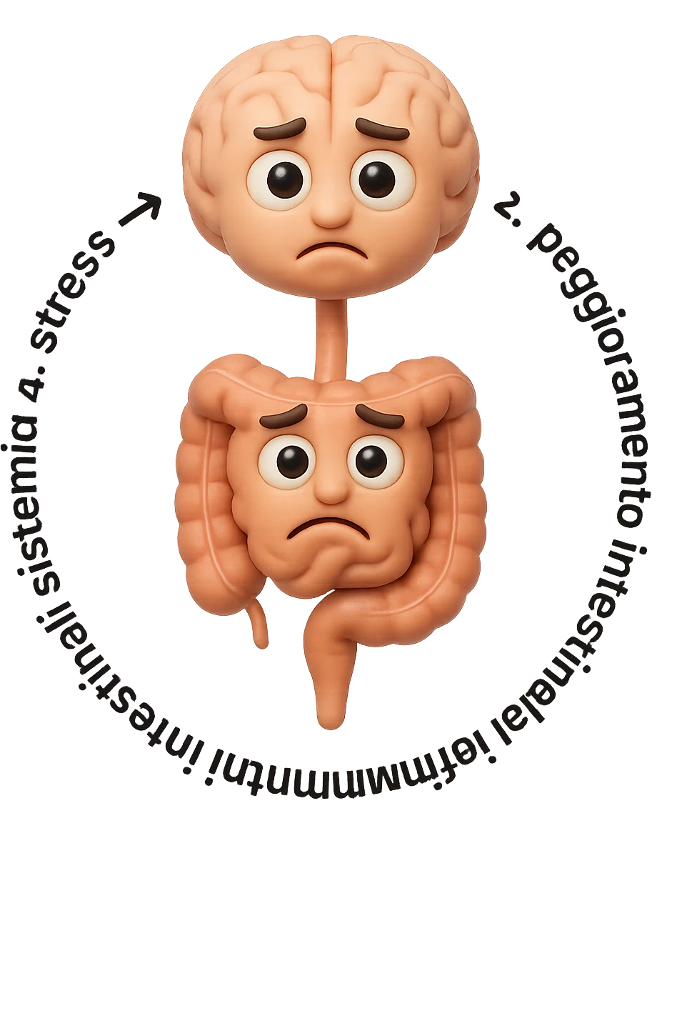 EMOJI STILE IPHONE 3D DI un cerchio con queste scritte che girano intorno in ordine per come li ho scritti "1. stress → 2. peggioramento intestinale → 3. aumento infiammazione → 4. peggioramento sintomi intestinali e sistemici." al centro del cerchio metti un cervello e intestino umani collegati verticalmente con espressione dubbiosa in volto, FALLO MOLTO REALISTICO IN 3D emoji