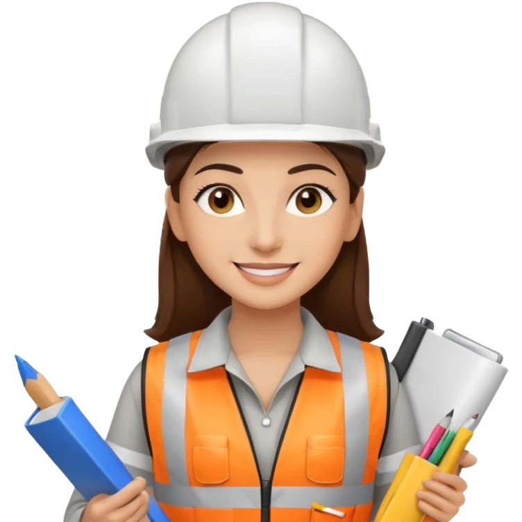 Arquitecta ojos marrones oscuros pestañas piel oliva pelo marron por los hombros sonrie casco blanco chaleco reflectante y material de dibujo técnico emoji