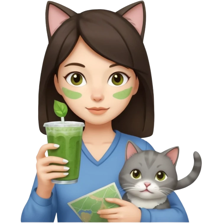 a brunette woman in here 30S drinking an iced matcha, carrying a grey cat and a map of the world emoji