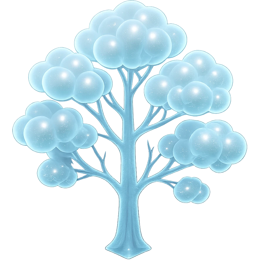 one tree with many branches and a white trunk, crown made of small very bright white fluffy convex clouds, matte glass style emoji