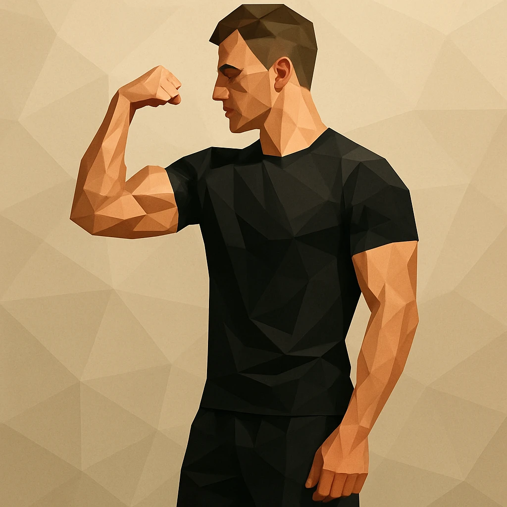 Athletic man in black shorts and black t-shirt stands sideways and shows biceps emoji