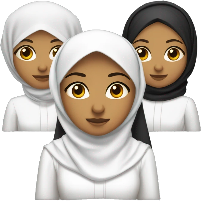 a light dark olive skinned woman wearing hijab with white hijab and white long formal clothes. with black eye and big eye small nose small mouth with a bit long chin . with her nephew and niece . holding a controller playstation. emoji
