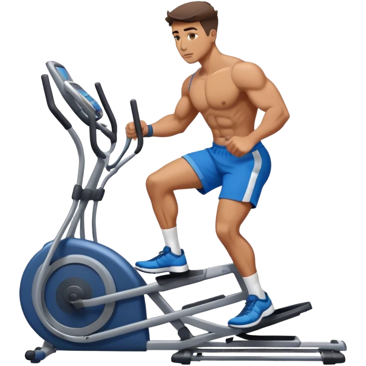 buff guy in blue shorts using elliptical emoji
