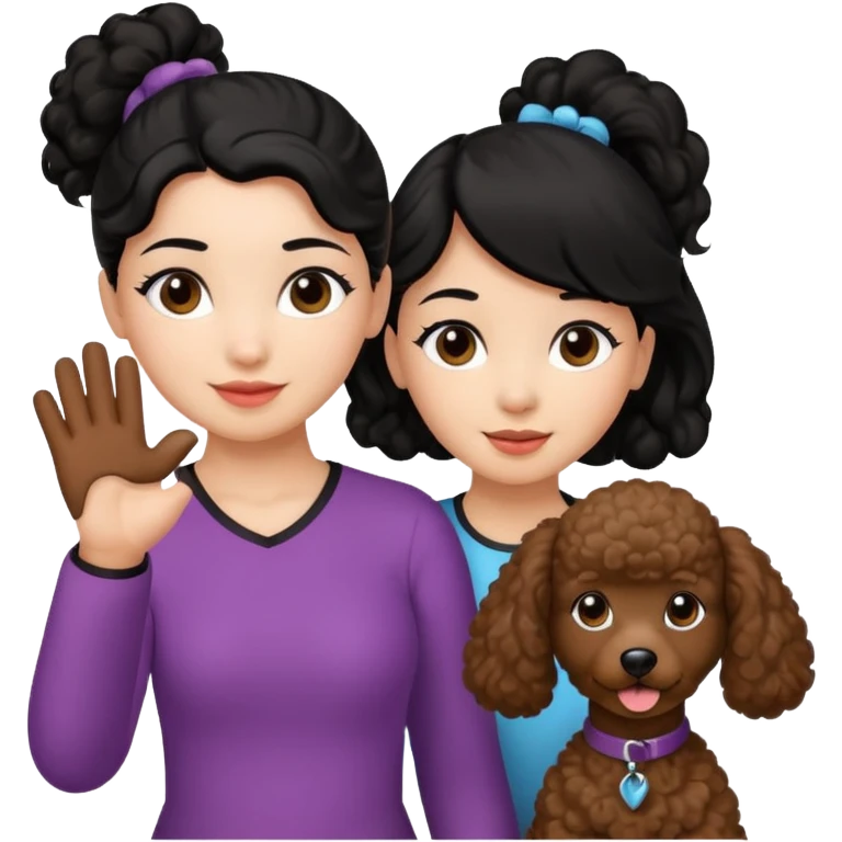 Ponytail black hair girl with brown Poodle say goodbye  emoji