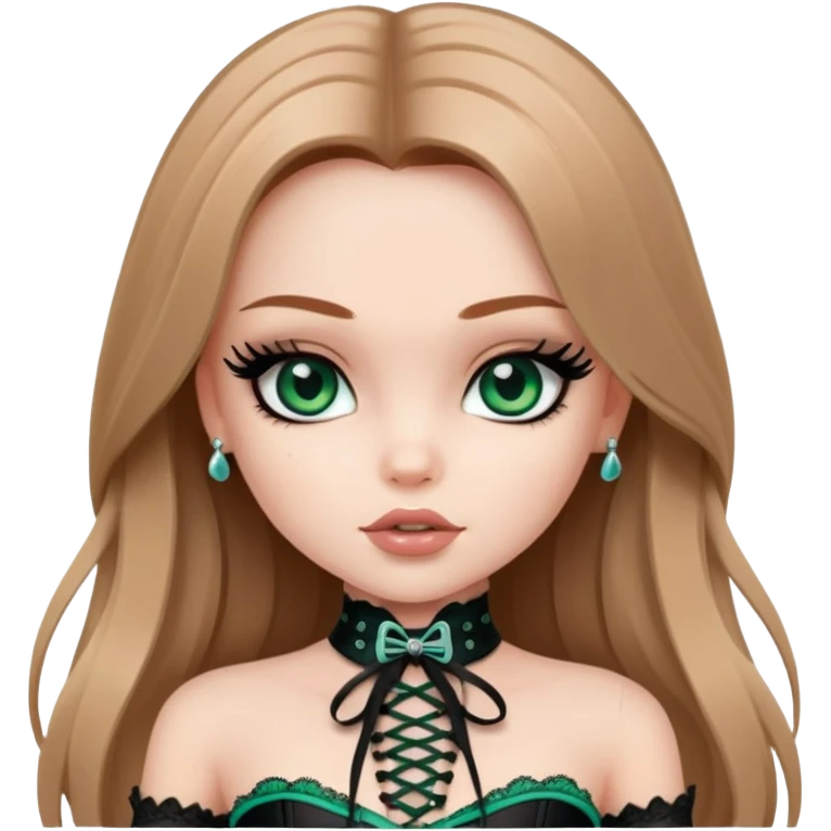 pretty bratz girl, long straight LIGHT BROWN HAIR, jade green eyes, black eyeliner, pale skin, black corset clothes with laces emoji
