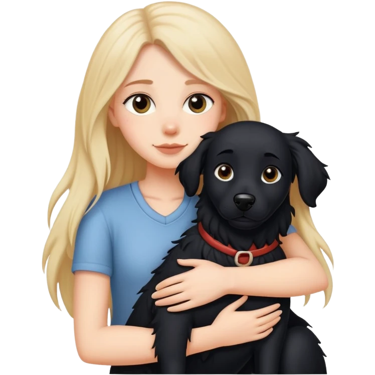A white girl hugs a long-haired black dog emoji