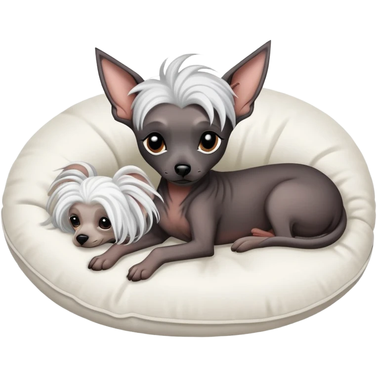 one black hairless chinese crested dog laying down on a white pillow curled up peacefully emoji