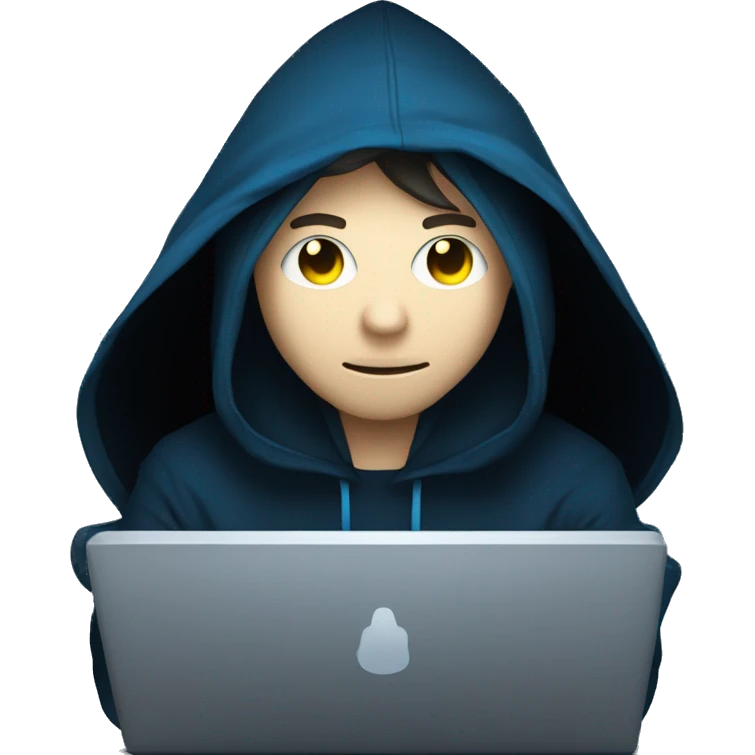 Man developer behind his laptop with this style : Alan Walker Singer neon glowing bright blue character blue black hooded hacker themed character emoji