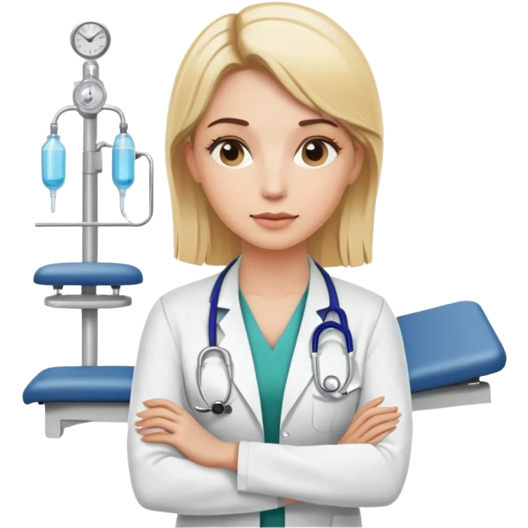 A blonde female kinesiologist with a thoughtful expression, wearing professional medical attire, in a physical therapy clinic setting emoji