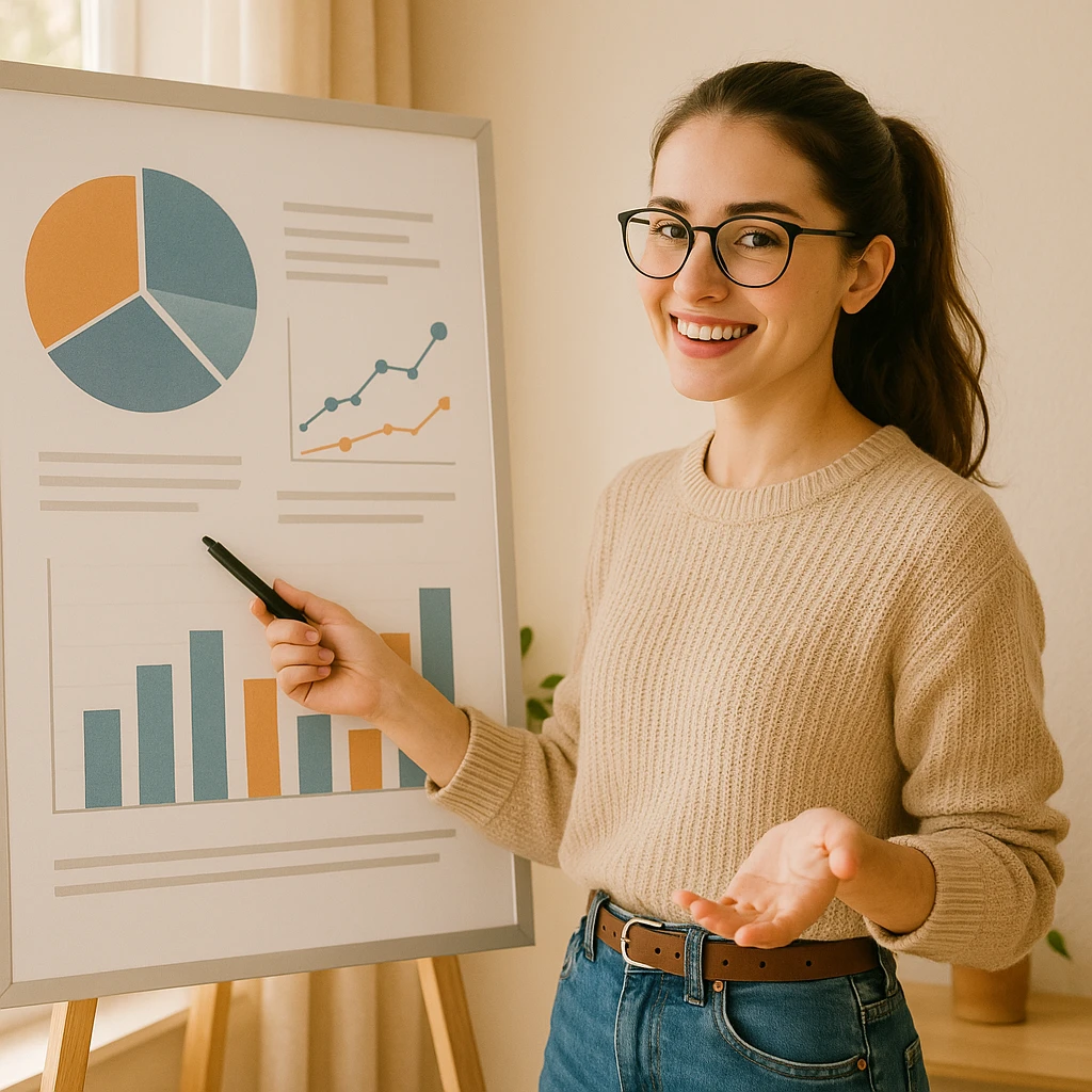 aesthetic style girl with glasses and ponytail, showing graphs in a presentation, bright and cozy atmosphere emoji